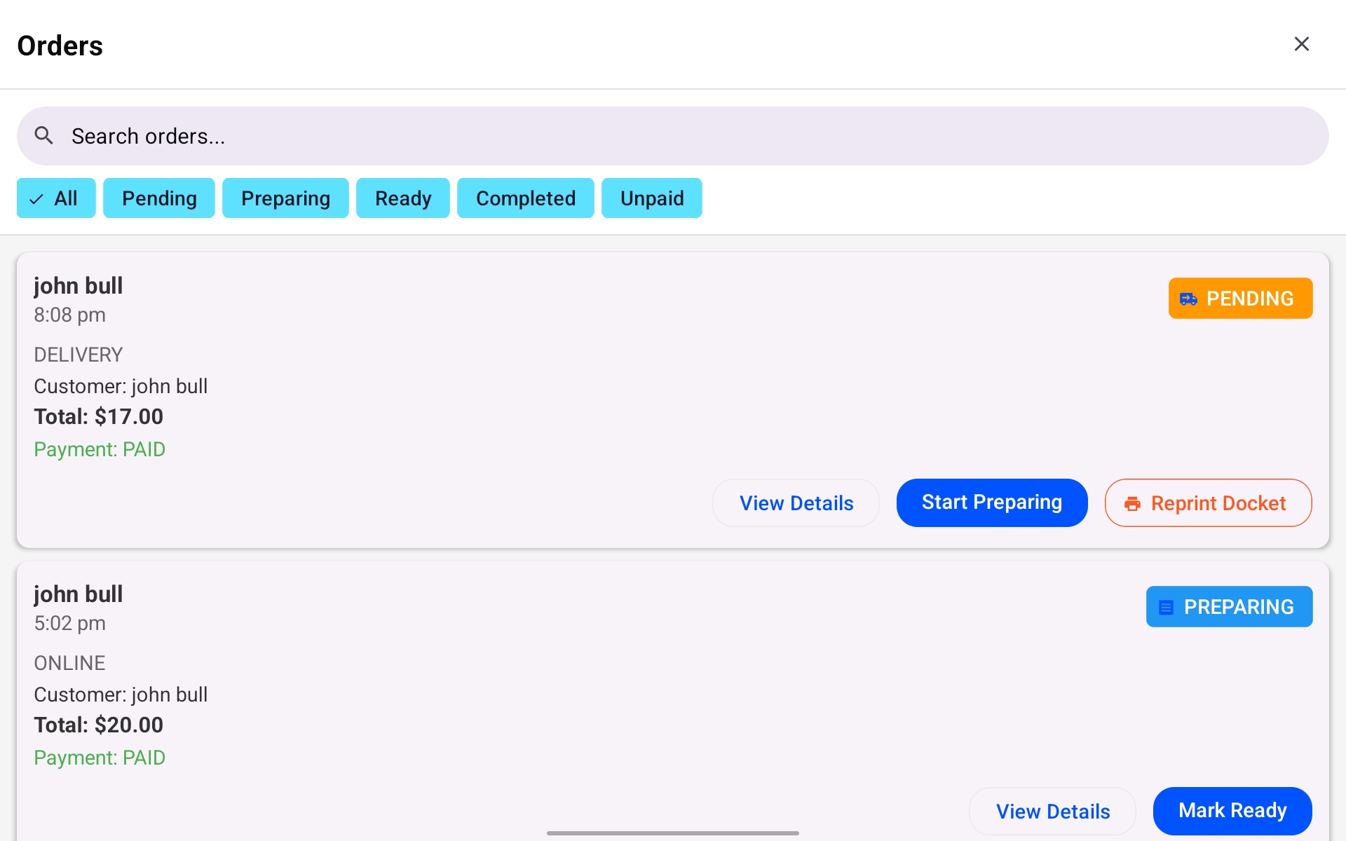 Swiple order management showing pending and preparing orders with action buttons