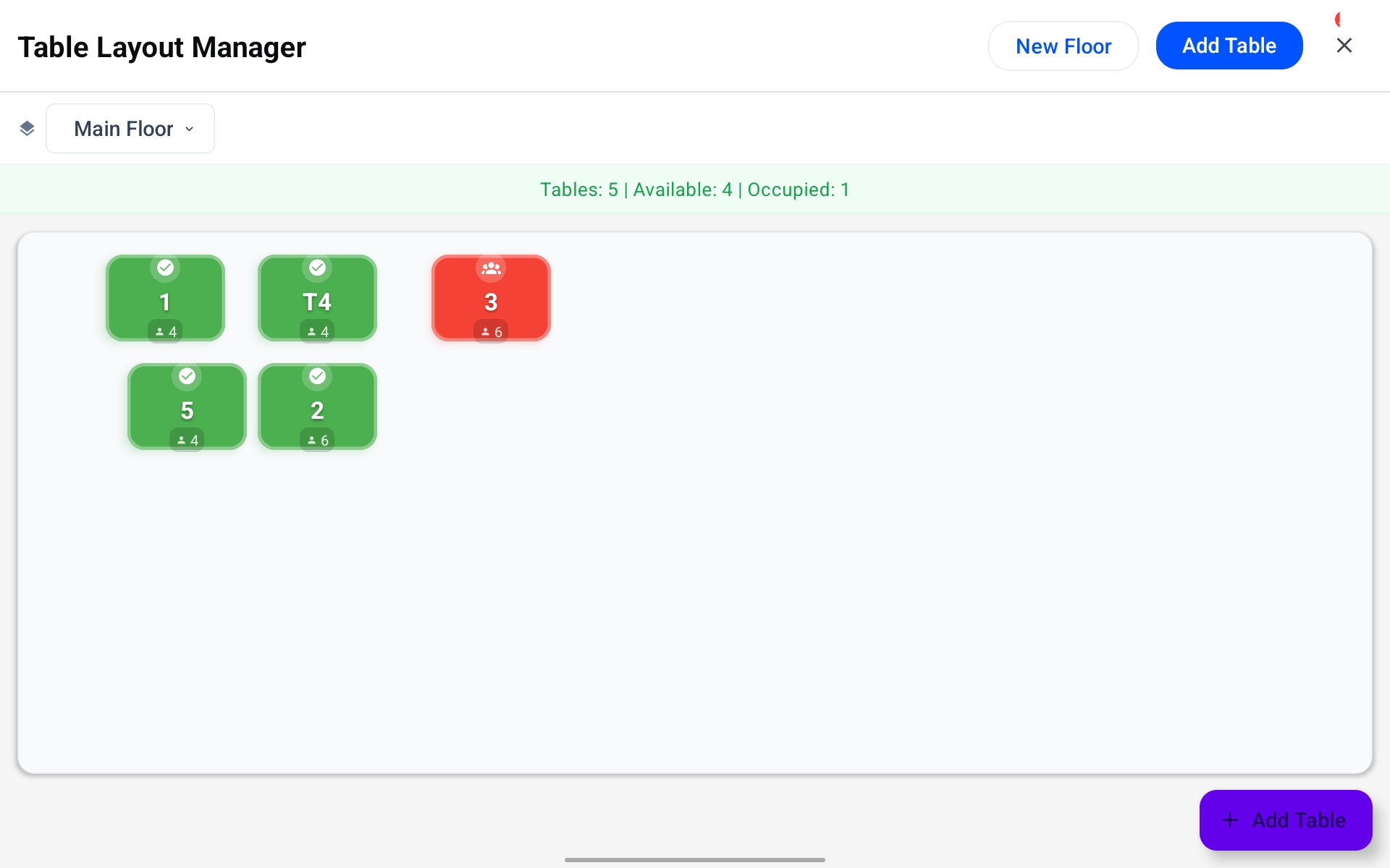 Swiple Table Layout Manager showing available and occupied tables with capacity