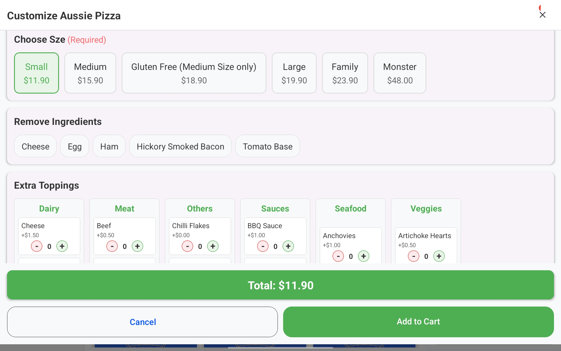 Swiple POS order customisation — choose size, remove ingredients, add extra toppings with running total