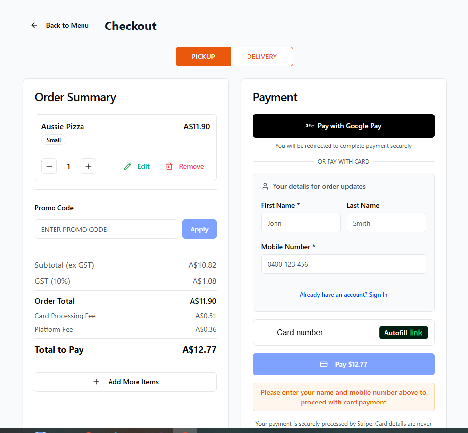 Swiple checkout page showing order summary, promo code input, Stripe payment, and quick checkout with mobile number